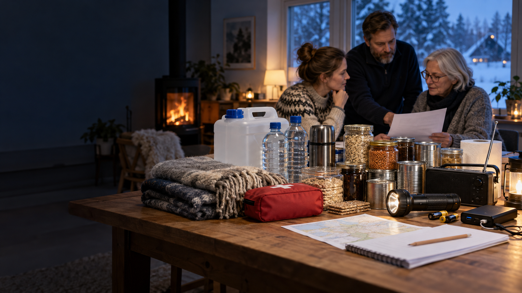Ett hushåll går igenom vatten, radio, ficklampa, mat och första hjälpen inför en kris